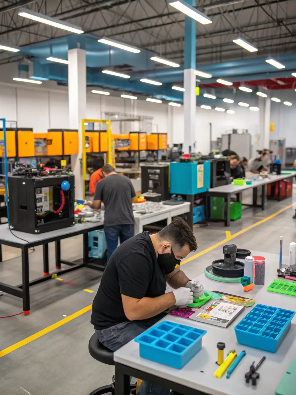 A photo of a vape factory in Miami, Florida, specializing in custom vape accessory design and production. The factory features a creative design studio and 3D printing capabilities.