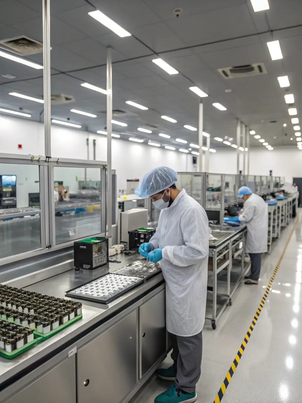 An image of a state-of-the-art vape factory in Los Angeles, California, focusing on CBD device manufacturing. The factory is equipped with advanced testing and quality assurance equipment.
