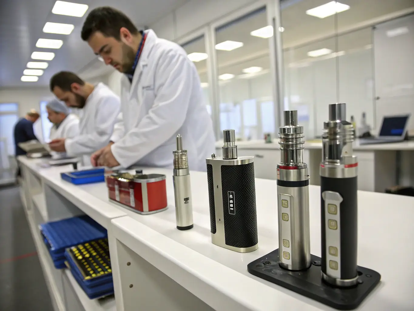 An image showcasing various vape products undergoing rigorous testing in a compliance laboratory.