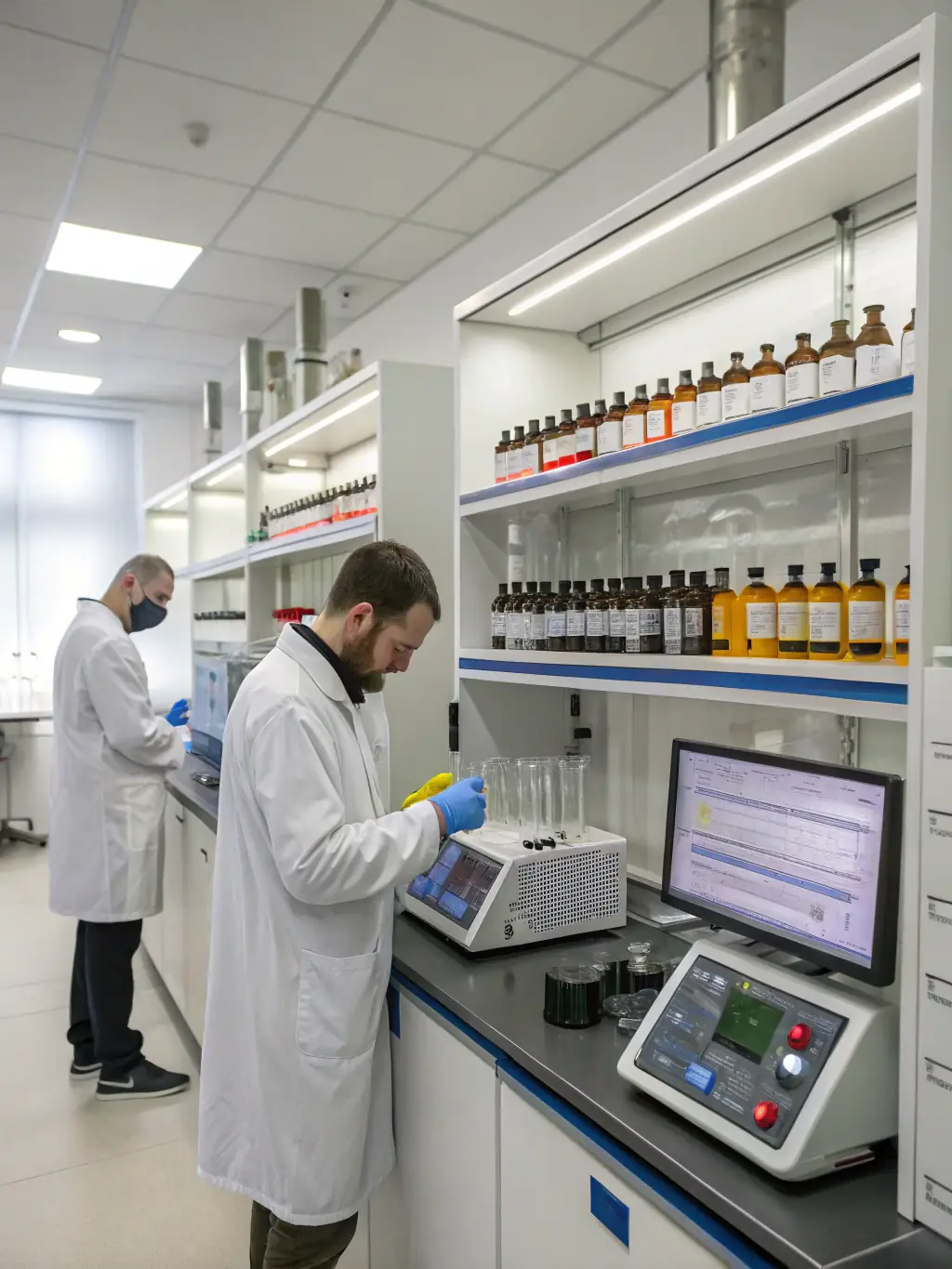 A laboratory setting with scientists testing vape products for quality and safety. Various testing equipment and data analysis tools are visible.