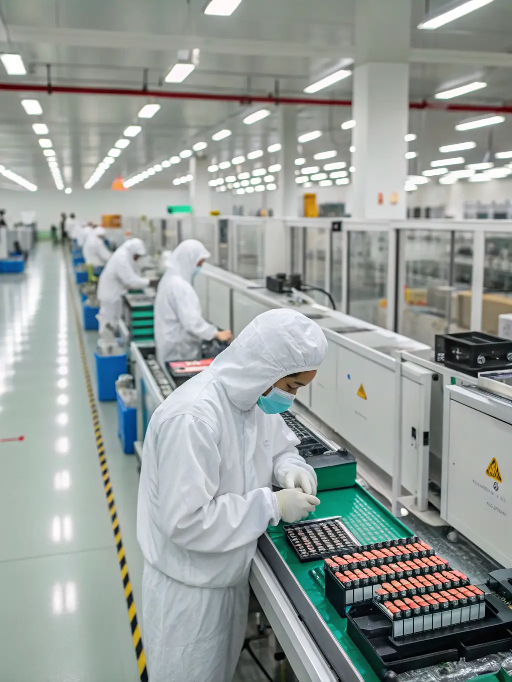 A wide shot of a modern vape factory in Shenzhen, China, showcasing advanced machinery and a clean, organized production line. Workers in sterile suits are assembling vape devices.