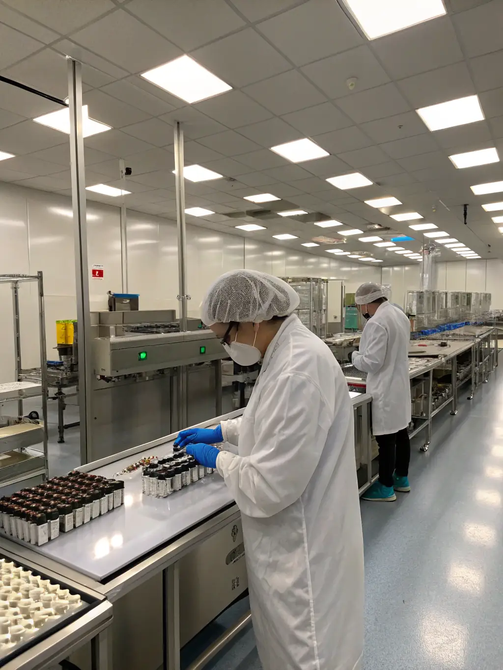 A cleanroom environment inside a vape factory, highlighting the stringent hygiene and quality control measures in place. Technicians are seen performing quality checks on vape components.