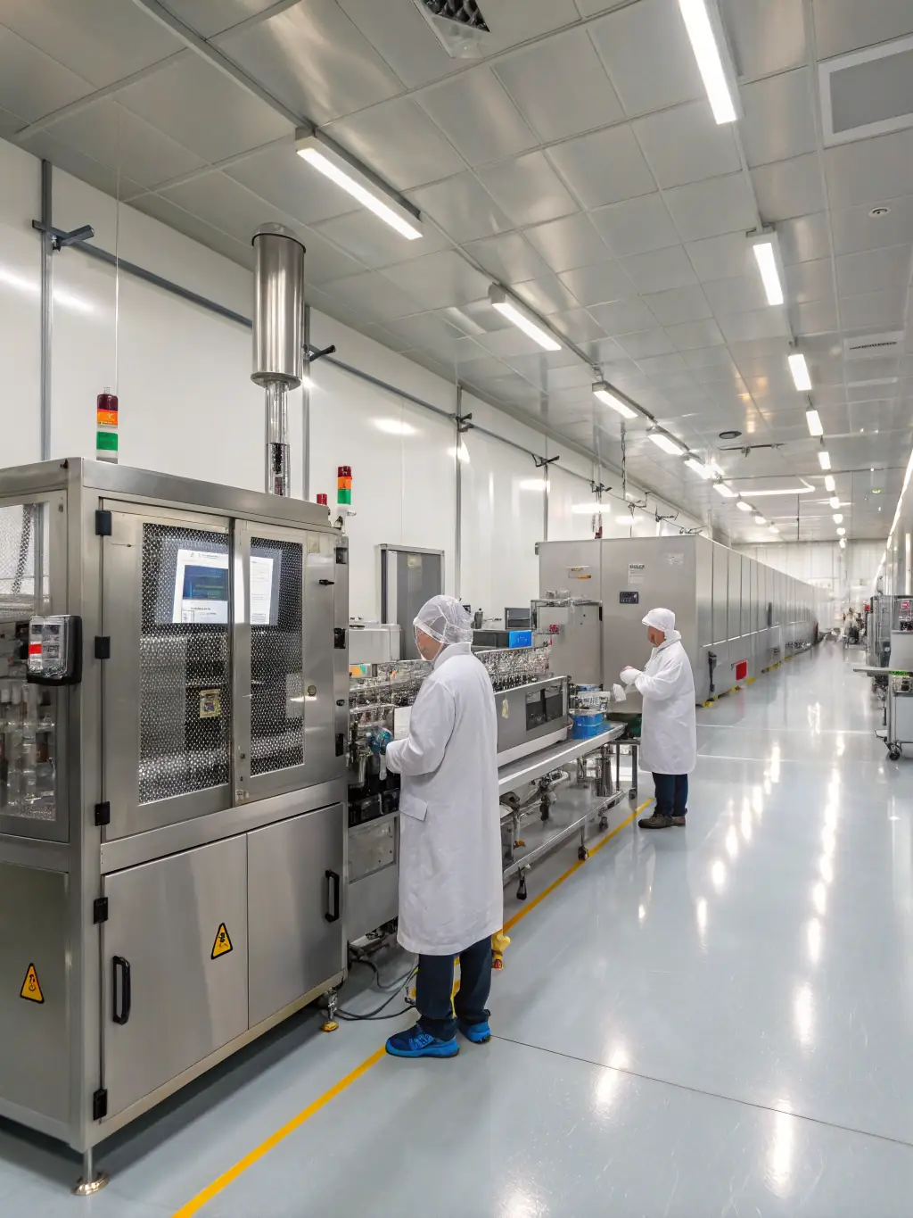 A wide shot of a modern vape factory floor, showcasing advanced machinery and a clean, organized environment. Workers in lab coats are visible, ensuring quality control.