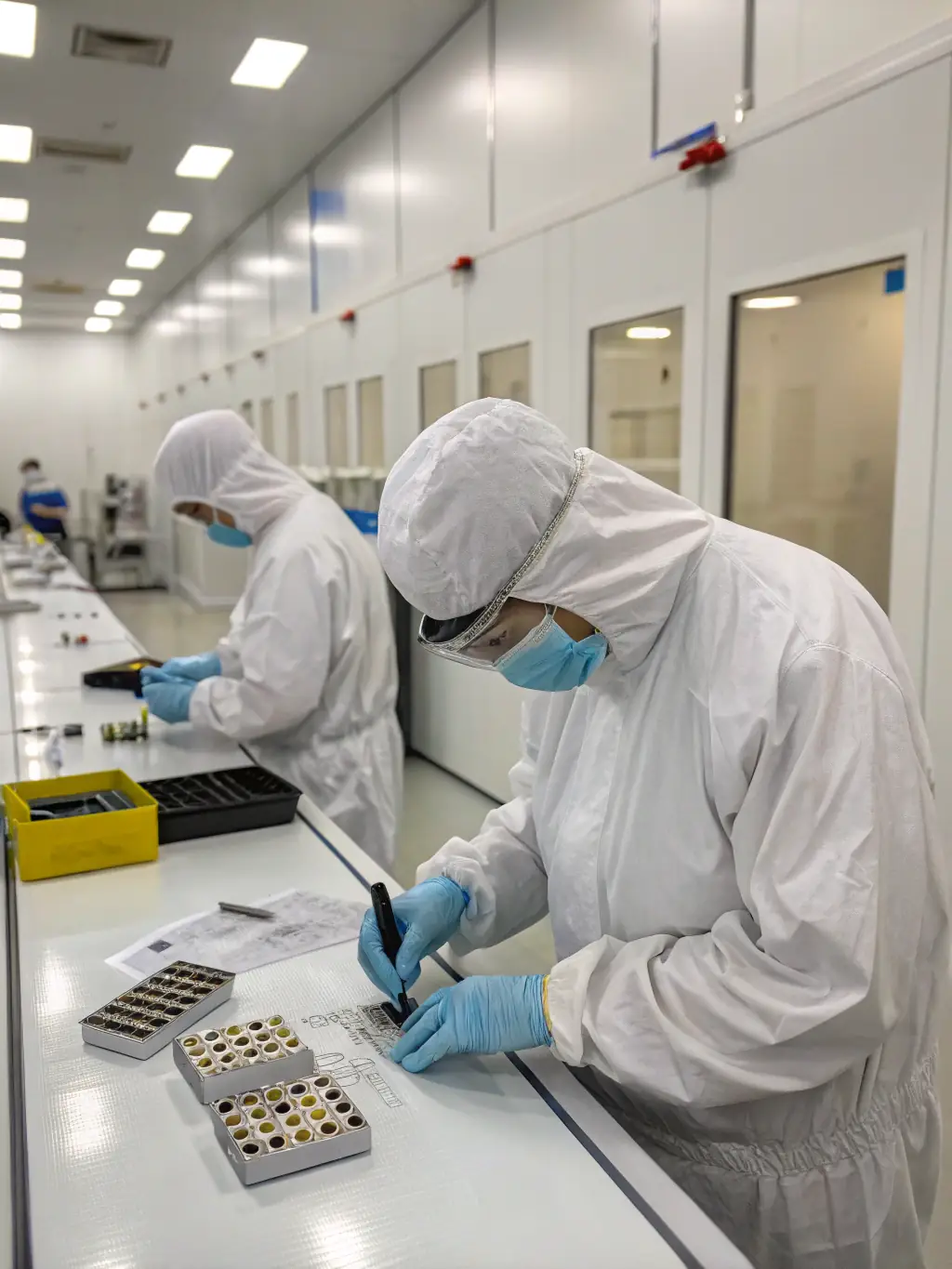 A cleanroom environment with workers in full protective gear, assembling sensitive vape components. The focus is on maintaining a sterile and controlled environment.