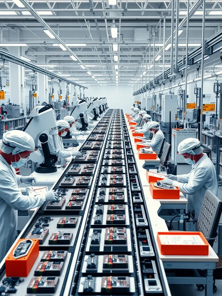 A high-resolution image of a state-of-the-art vape manufacturing facility, featuring automated production lines, quality control checkpoints, and workers in sterile environments, highlighting Vapeoffactory's connection to ISO-certified factories.