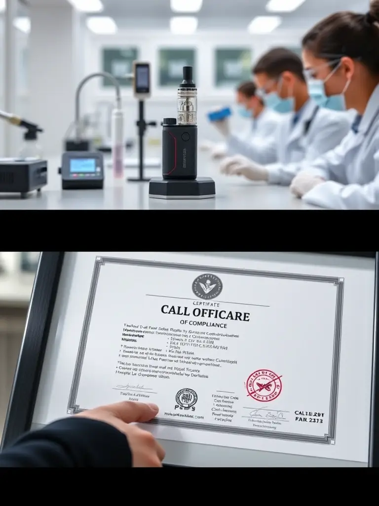 A split-screen image showing a vape product undergoing rigorous testing in a lab on one side, and a certificate of compliance on the other, illustrating Vapeoffactory's commitment to ensuring regulatory compliance.