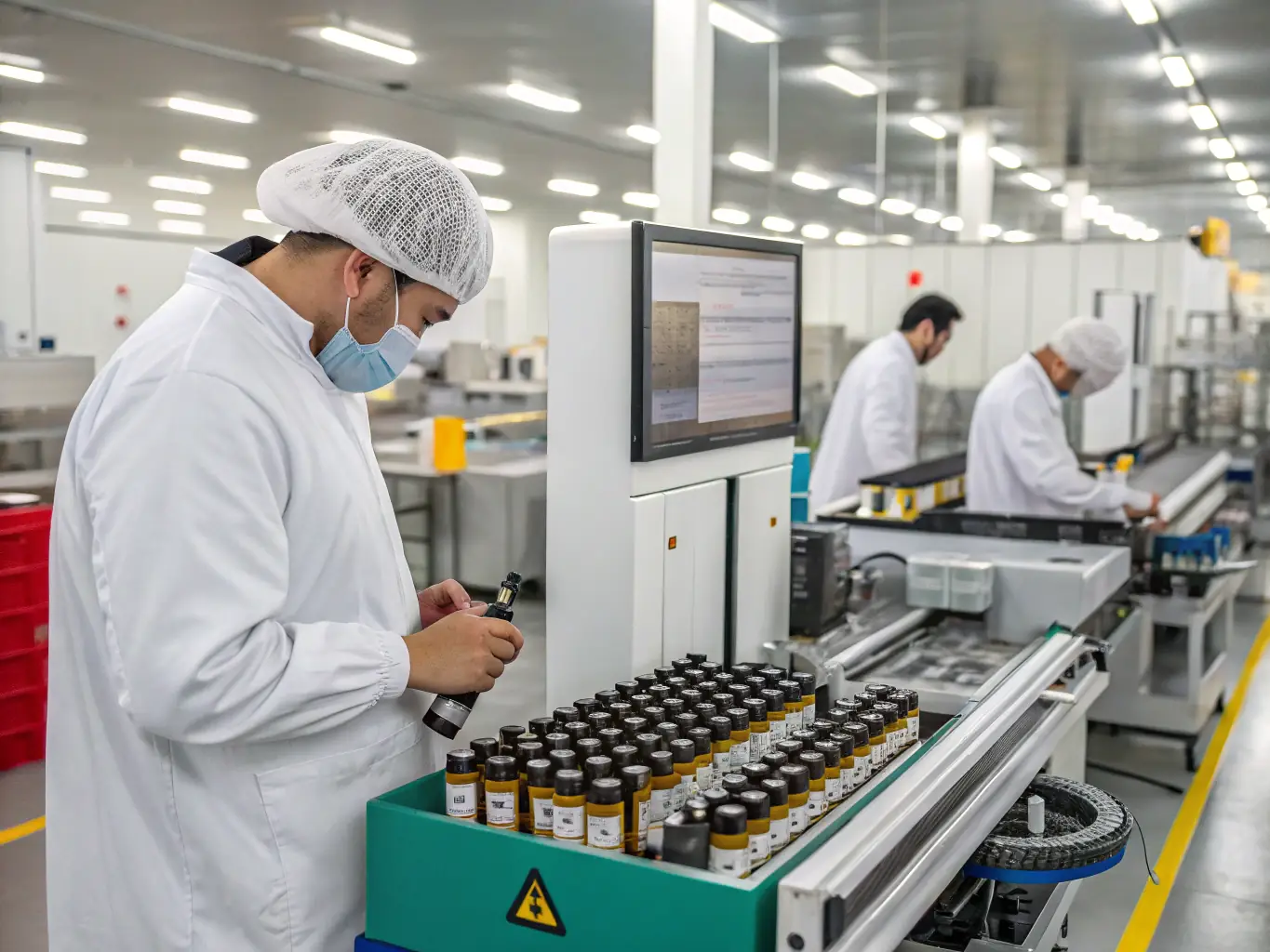 An image showing a team of engineers working on vape prototypes in a modern factory setting, emphasizing precision and innovation.