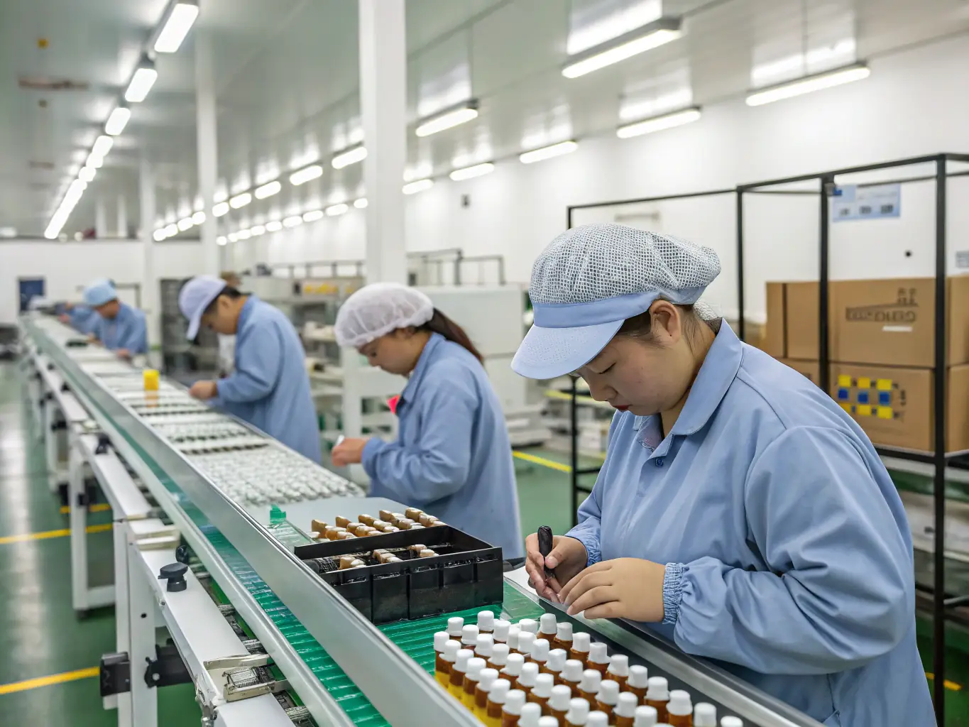 An image depicting a state-of-the-art vape production line with automated machinery and quality control checks.