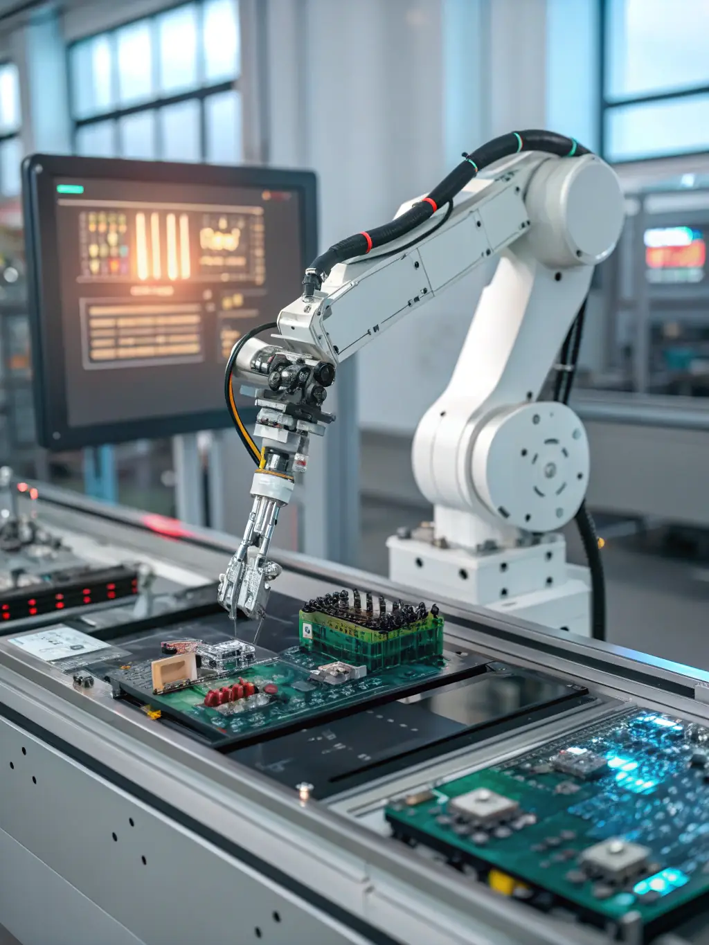 Close-up of a robotic arm assembling vape components with precision and speed. The background shows a well-lit, automated production line.